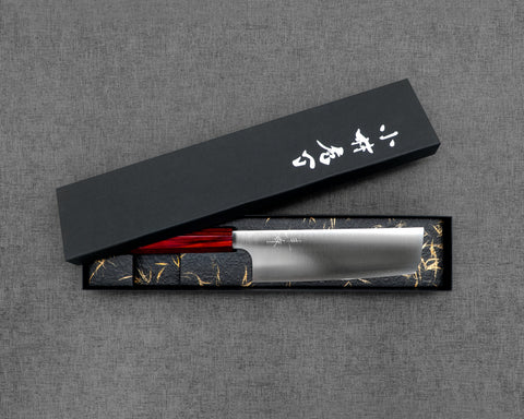 Kei Kobayashi R2/SG2 165mm Nakiri with Urushi Red Pakka Wood Handle