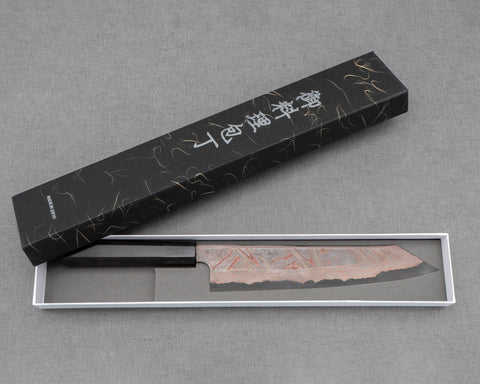 Hatsukokoro / Nigara Aogami #2 Kurosome Colored Damascus 270mm Kiritsuke Gyuto with Ebony Black Buffalo Horn Handle