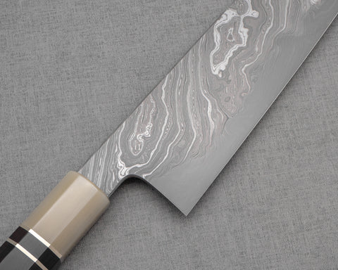 Shoichi Hashimoto "Yuzan" Aogami #2 / Shirogami #2 Coreless Twisted Damascus 240mm Gyuto with Ebony Marble Buffalo Horn Handle