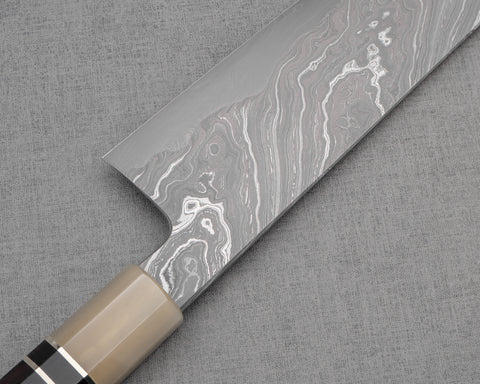 Shoichi Hashimoto "Yuzan" Aogami #2 / Shirogami #2 Coreless Twisted Damascus 240mm Gyuto with Ebony Marble Buffalo Horn Handle