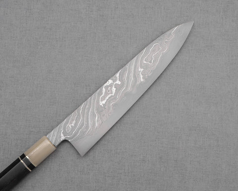 Shoichi Hashimoto "Yuzan" Aogami #2 / Shirogami #2 Coreless Twisted Damascus 240mm Gyuto with Ebony Marble Buffalo Horn Handle