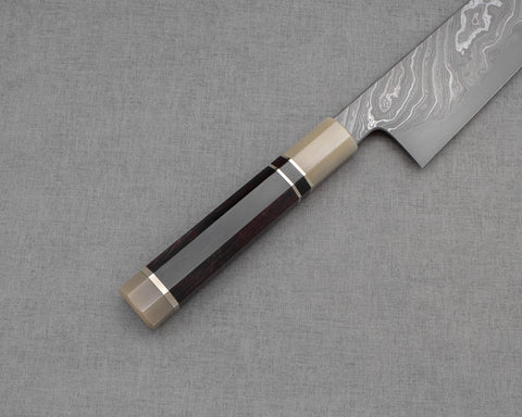 Shoichi Hashimoto "Yuzan" Aogami #2 / Shirogami #2 Coreless Twisted Damascus 240mm Gyuto with Ebony Marble Buffalo Horn Handle