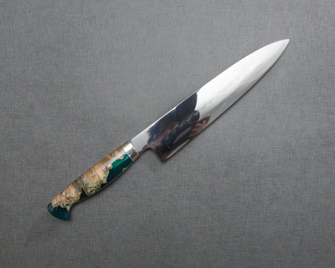 Yoshikazu Ikeda Mizu-Honyaki Shirogami #1 Ripple Mirror 240mm Gyuto with Stabilized Wood / Polished Emerald Acrylic Handle