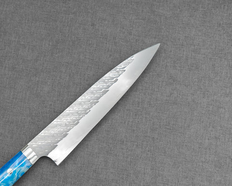 Takeshi Saji STRIX Mirror Tsuchime 210mm Gyuto with Sea Wave Acrylic Handle