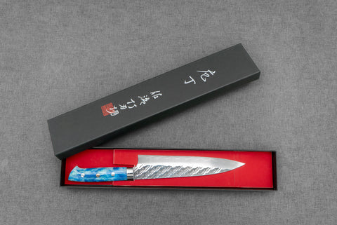 Takeshi Saji STRIX Mirror Tsuchime 210mm Gyuto with Sea Wave Acrylic Handle