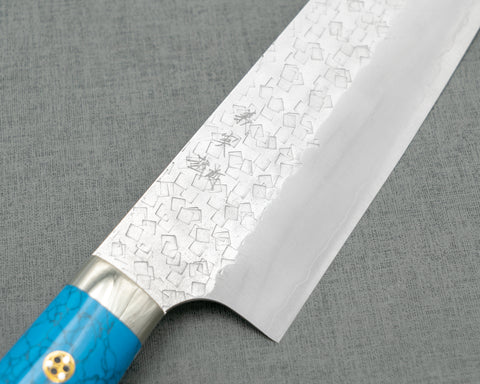 Yoshimi Kato R2/SG2 Tsuchime 180mm Bunka with Blue Turquoise Handle