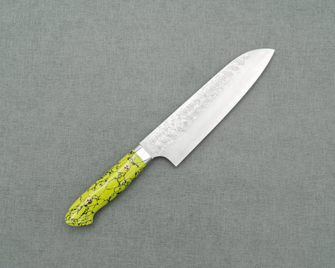 Yoshimi Kato R2/SG2 Tsuchime 180mm Santoku with Acid Green Turquoise Handle