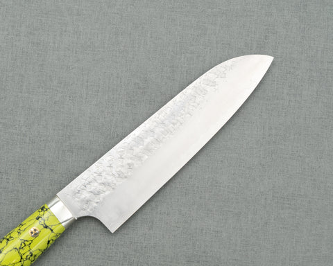 Yoshimi Kato R2/SG2 Tsuchime 180mm Santoku with Acid Green Turquoise Handle