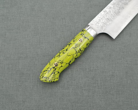 Yoshimi Kato R2/SG2 Tsuchime 180mm Santoku with Acid Green Turquoise Handle