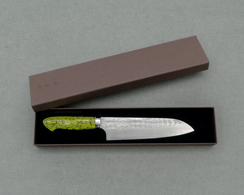 Yoshimi Kato R2/SG2 Tsuchime 180mm Santoku with Acid Green Turquoise Handle
