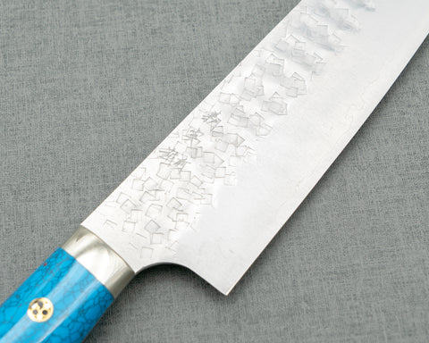 Yoshimi Kato R2/SG2 Tsuchime 180mm Santoku with Blue Turquoise Handle