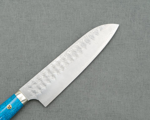 Yoshimi Kato R2/SG2 Tsuchime 180mm Santoku with Blue Turquoise Handle