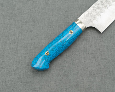 Yoshimi Kato R2/SG2 Tsuchime 180mm Santoku with Blue Turquoise Handle