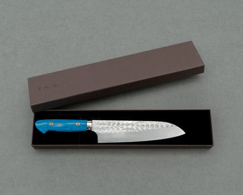Yoshimi Kato R2/SG2 Tsuchime 180mm Santoku with Blue Turquoise Handle