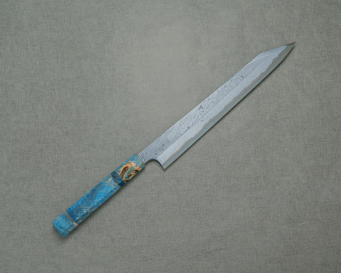 Nigara Aogami #2 Migaki Twisted Mirror Damascus 270mm Kirisuke Yanagiba with Blue Stabilized Wood Handle
