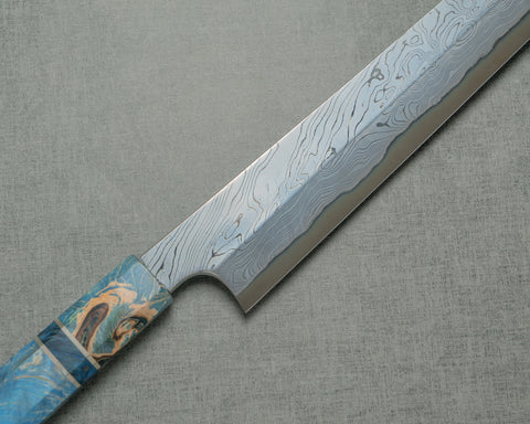 Nigara Aogami #2 Migaki Twisted Mirror Damascus 270mm Kirisuke Yanagiba with Blue Stabilized Wood Handle