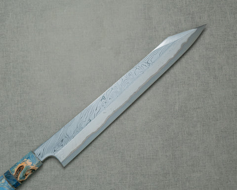 Nigara Aogami #2 Migaki Twisted Mirror Damascus 270mm Kirisuke Yanagiba with Blue Stabilized Wood Handle