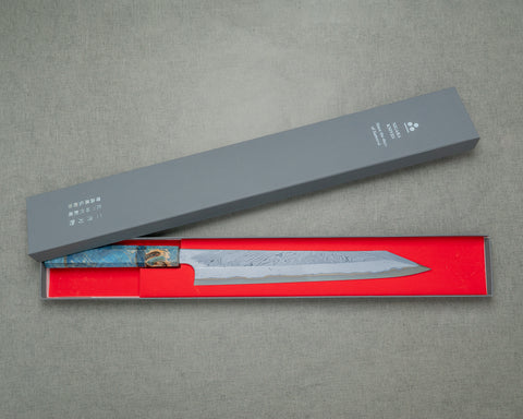 Nigara Aogami #2 Migaki Twisted Mirror Damascus 270mm Kirisuke Yanagiba with Blue Stabilized Wood Handle