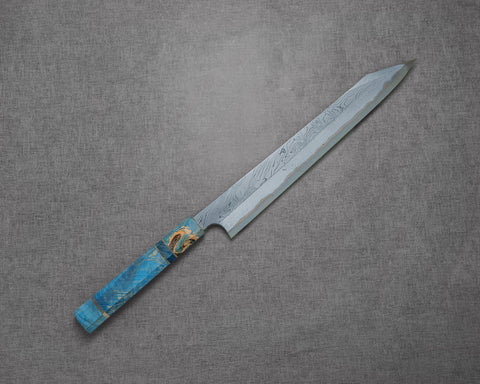 Nigara Aogami #2 Migaki Twisted Mirror Damascus 270mm Kirisuke Yanagiba with Blue Stabilized Wood Handle