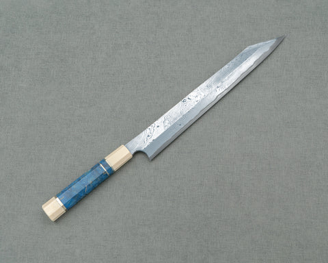 Nigara Aogami #2 Migaki Twisted Mirror Damascus 300mm Kiritsuke Yanagiba with Ivory / Blue Stabilized Wood Handle