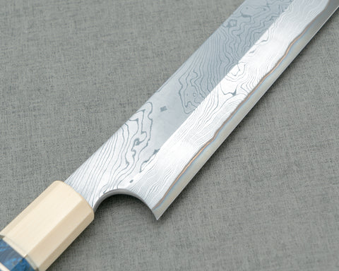 Nigara Aogami #2 Migaki Twisted Mirror Damascus 300mm Kiritsuke Yanagiba with Ivory / Blue Stabilized Wood Handle