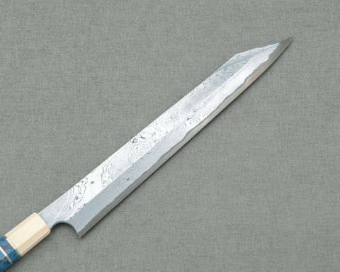 Nigara Aogami #2 Migaki Twisted Mirror Damascus 300mm Kiritsuke Yanagiba with Ivory / Blue Stabilized Wood Handle