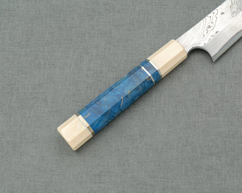 Nigara Aogami #2 Migaki Twisted Mirror Damascus 300mm Kiritsuke Yanagiba with Ivory / Blue Stabilized Wood Handle