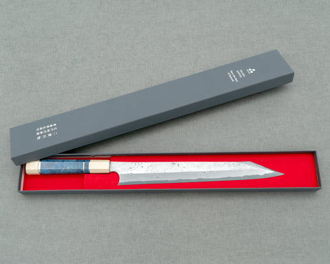 Nigara Aogami #2 Migaki Twisted Mirror Damascus 300mm Kiritsuke Yanagiba with Ivory / Blue Stabilized Wood Handle