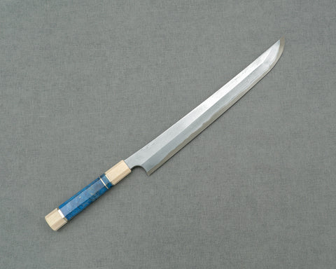 Nigara Aogami #2 Migaki Twisted Mirror Damascus 330mm Sakimaru Takohiki with Ivory / Blue Stabilized Wood Handle