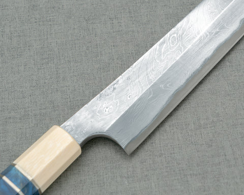 Nigara Aogami #2 Migaki Twisted Mirror Damascus 330mm Sakimaru Takohiki with Ivory / Blue Stabilized Wood Handle