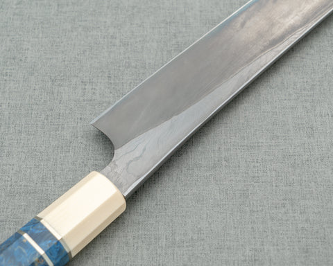 Nigara Aogami #2 Migaki Twisted Mirror Damascus 330mm Sakimaru Takohiki with Ivory / Blue Stabilized Wood Handle