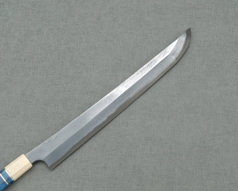 Nigara Aogami #2 Migaki Twisted Mirror Damascus 330mm Sakimaru Takohiki with Ivory / Blue Stabilized Wood Handle