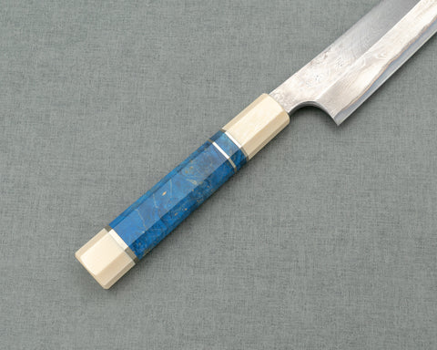 Nigara Aogami #2 Migaki Twisted Mirror Damascus 330mm Sakimaru Takohiki with Ivory / Blue Stabilized Wood Handle