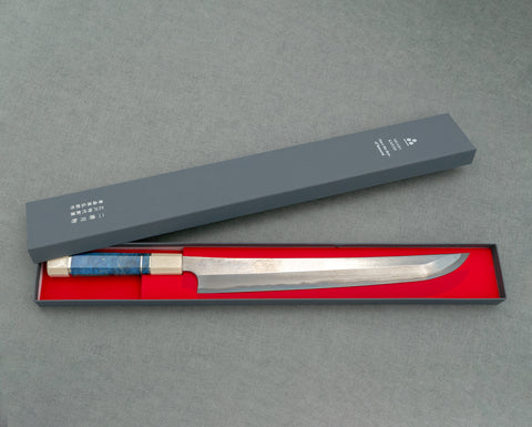 Nigara Aogami #2 Migaki Twisted Mirror Damascus 330mm Sakimaru Takohiki with Ivory / Blue Stabilized Wood Handle