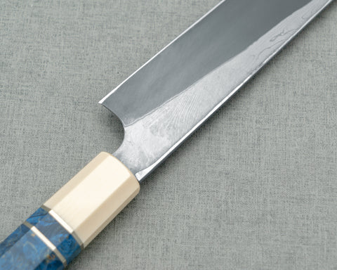 Nigara Aogami #2 Migaki Twisted Mirror Damascus 270mm Yanagiba with Ivory / Blue Stabilized Wood Handle