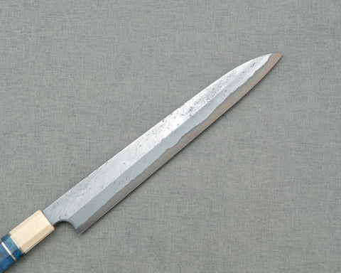 Nigara Aogami #2 Migaki Twisted Mirror Damascus 270mm Yanagiba with Ivory / Blue Stabilized Wood Handle
