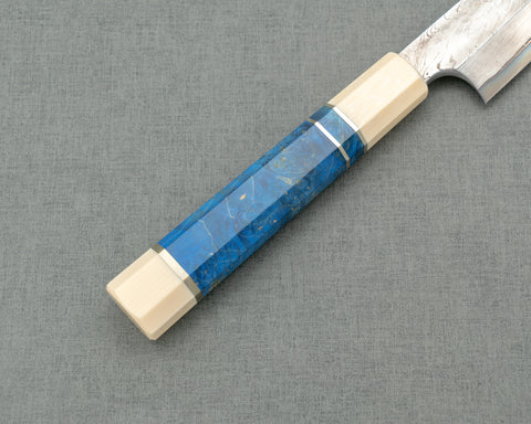 Nigara Aogami #2 Migaki Twisted Mirror Damascus 270mm Yanagiba with Ivory / Blue Stabilized Wood Handle