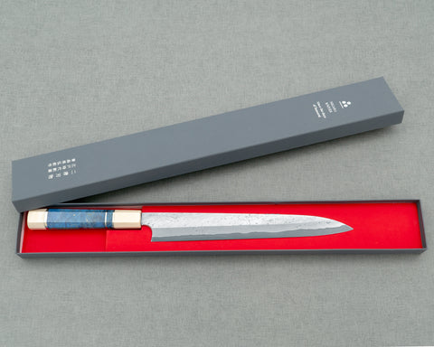 Nigara Aogami #2 Migaki Twisted Mirror Damascus 270mm Yanagiba with Ivory / Blue Stabilized Wood Handle