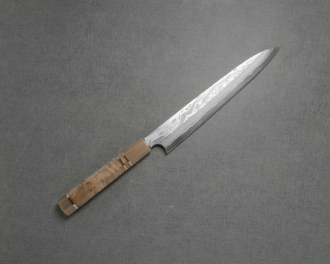 Nigara Aogami #2 / Shirogami #2 Twisted Coreless Damascus 230mm Yanagiba with Camphor Wood Handle