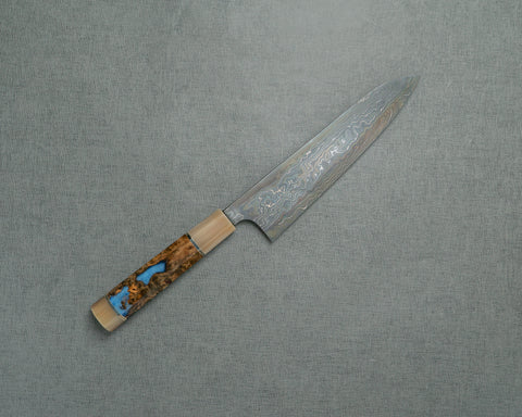 Nigara "Kagetora" Aogami #2 / Shirogami #2 Coreless Colored Damascus 210mm Gyuto with Brown Stabilized Wood Handle