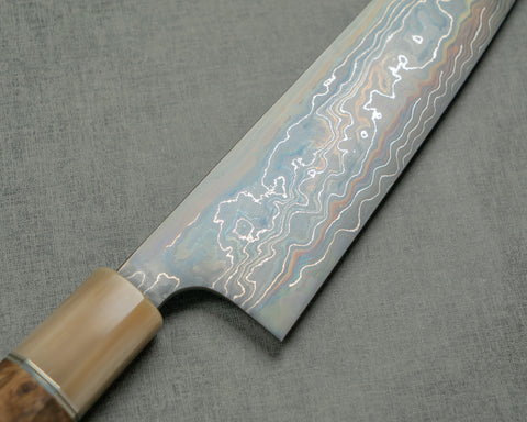 Nigara "Kagetora" Aogami #2 / Shirogami #2 Coreless Colored Damascus 210mm Gyuto with Brown Stabilized Wood Handle