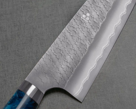 Nigara "Ryky x Jet Li" Limited Edition Aogami Super Matt Migaki Tsuchime 210mm Gyuto with Polished Nautical Blue Acrylic Handle