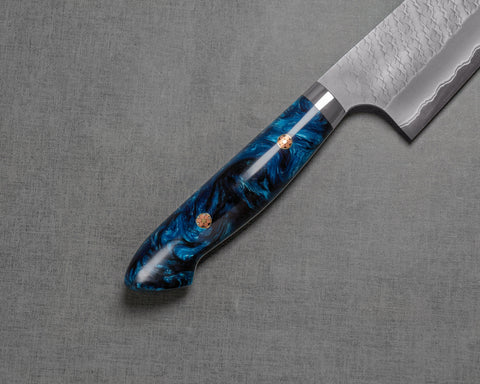 Nigara "Ryky x Jet Li" Limited Edition Aogami Super Matt Migaki Tsuchime 210mm Gyuto with Polished Nautical Blue Acrylic Handle