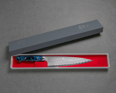 Nigara "Ryky x Jet Li" Limited Edition Aogami Super Matt Migaki Tsuchime 210mm Gyuto with Polished Nautical Blue Acrylic Handle