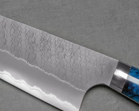 Nigara "Ryky x Jet Li" Limited Edition Aogami Super Matt Migaki Tsuchime 210mm Gyuto with Polished Nautical Blue Acrylic Handle