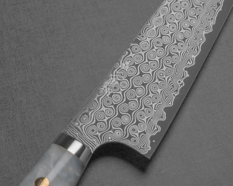 Nigara "Anmon" R2/SG2 49 Layers Kurosome Damascus 210mm Gyuto with Polished Snow White Acrylic Handle