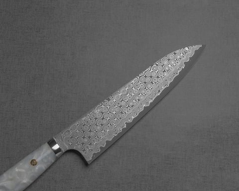 Nigara "Anmon" R2/SG2 49 Layers Kurosome Damascus 210mm Gyuto with Polished Snow White Acrylic Handle