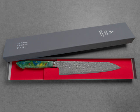 Nigara "Anmon" R2/SG2 49 Layers Kurosome Damascus 240mm Gyuto with Polished Emerald Tempest Acrylic Handle