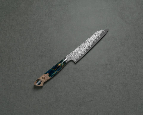 Nigara "Anmon" R2/SG2 49 Layers Kurosome Damascus 135mm Kiritsuke Petty with Stabilized Wood / Polished Ocean Blue Acrylic Handle