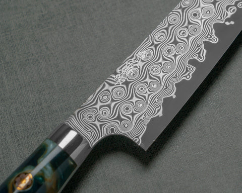 Nigara "Anmon" R2/SG2 49 Layers Kurosome Damascus 135mm Kiritsuke Petty with Stabilized Wood / Polished Ocean Blue Acrylic Handle